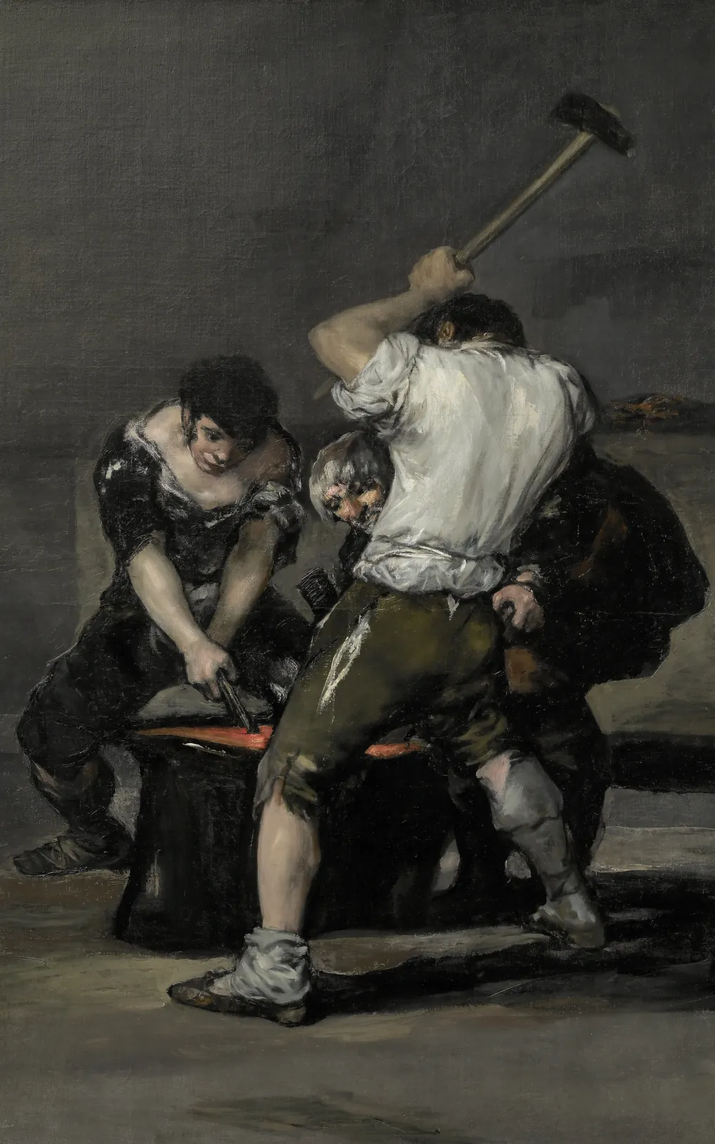 Goya' The Forge: three blacksmiths working over a glowing anvil.